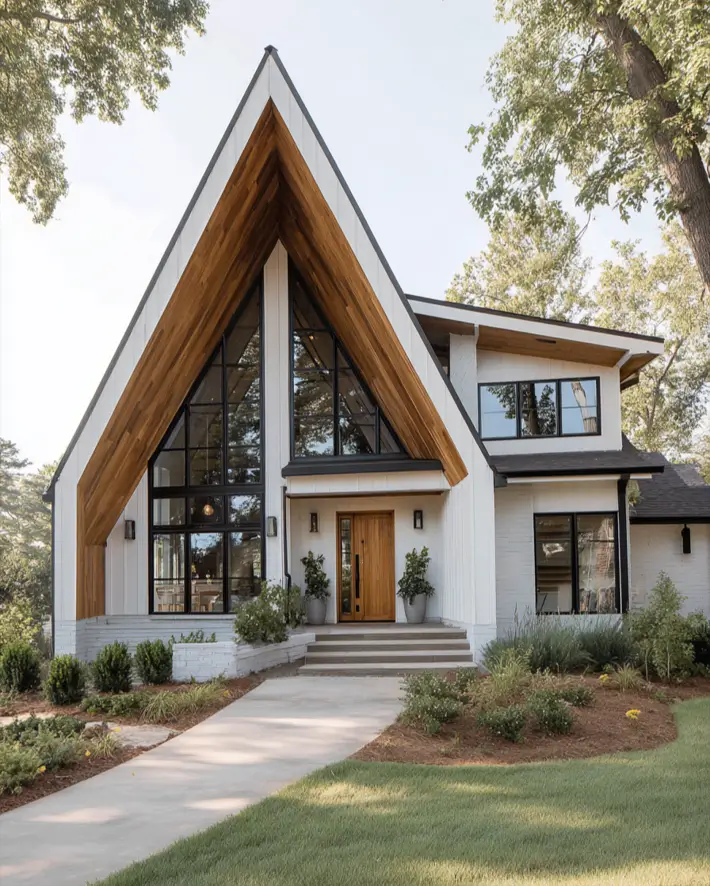 47 White Houses With Black Trim and Wood Accents We Love 18 Honey oak boards lining the roof rake of a black-trimmed A-frame window wall