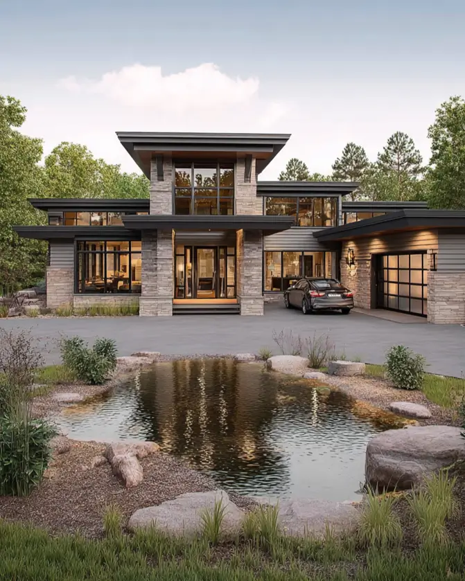 Prairie House Style: Key Features, History, and What Makes These Homes So Timeless 19 Contemporary Prairie style house with tiered flat roofs, stone piers, and reflecting pond
