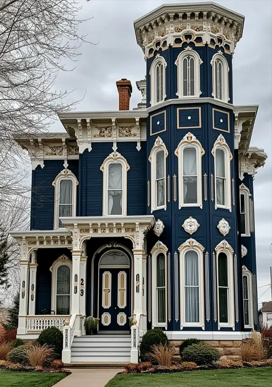 Italianate Style House: 33 Ideas and the Details That Give One Away 19 Octagonal corner tower on a navy Italianate style house with a bracket band and round-headed windows