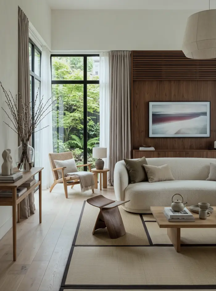 Japandi Style Living Room: Where Japanese Calm Meets Scandinavian Warmth 19 Japandi living room with a plywood butterfly stool, curved bouclé sofa, walnut feature wall, and garden view