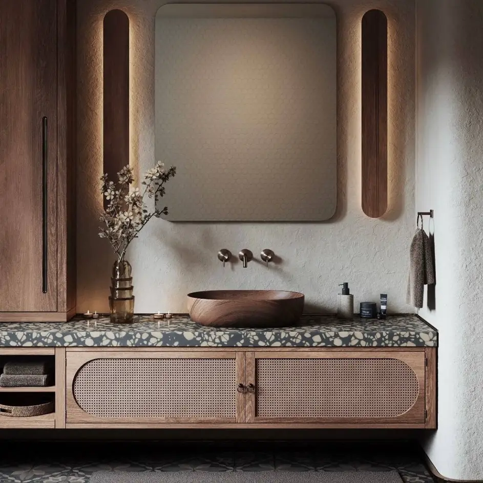 38 Japandi Style Bathroom Ideas for a Quietly Beautiful Space 19 Japandi style bathroom with a walnut vanity, woven cane cabinet fronts, and a turned wood basin