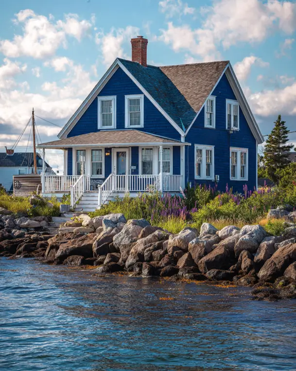33 Blue and White Cottage Ideas That Always Feel Fresh 19 navy blue and white cottage exterior with cobalt shingle siding, white covered porch, and window trim beside the water