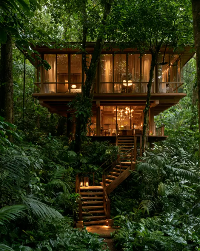 55 Treehouse Design Ideas, From Backyard Platforms to Canopy Cabins 19 Treehouse design ideas with a glazed curtained upper storey, open lower deck and timber stair in dense rainforest