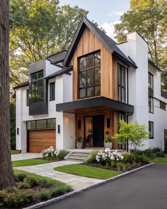 47 White Houses With Black Trim and Wood Accents We Love 19 Vertical cedar gable bay with a flush black-gridded window on a modern white house