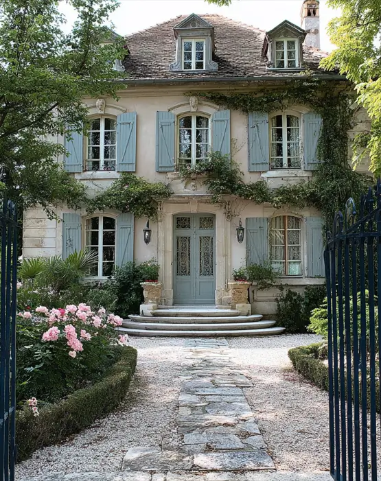 French Country House Style: An Architect's Guide to the Exterior Look 20 French Country House Style stucco home with climbing roses, blue-gray shutters, and carved roof dormers