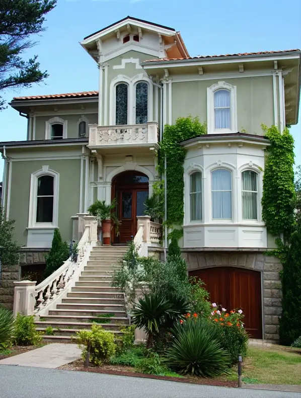 Italianate Style House: 33 Ideas and the Details That Give One Away 20 Sage green Italianate style house with a square tower and a curving stone entry stair on a sloping site