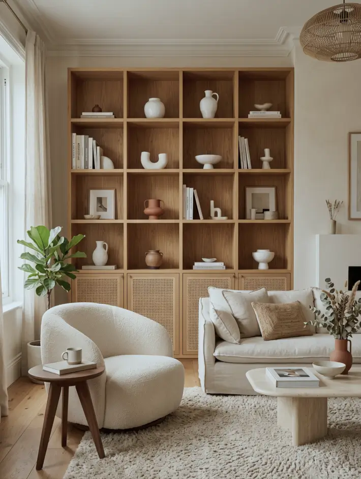 Japandi Style Living Room: Where Japanese Calm Meets Scandinavian Warmth 20 Cozy Japandi living room with a round bouclé chair, oak bookcase, linen sofa, and travertine coffee table