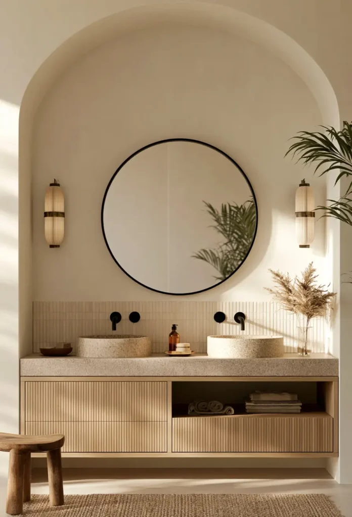 38 Japandi Style Bathroom Ideas for a Quietly Beautiful Space 20 Japandi style bathroom with a fluted oak double vanity, terrazzo basins, and a plaster arch alcove