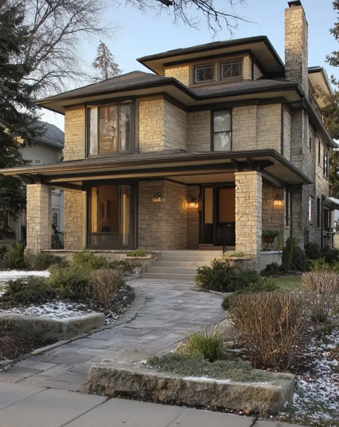 Prairie House Style: Key Features, History, and What Makes These Homes So Timeless 20 Prairie Foursquare house clad in limestone with hipped roofs and deep front porch