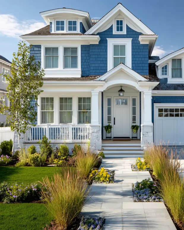 33 Blue and White Cottage Ideas That Always Feel Fresh 21 blue and white cottage with blue shingle siding, white trim, covered porch, and a white front door