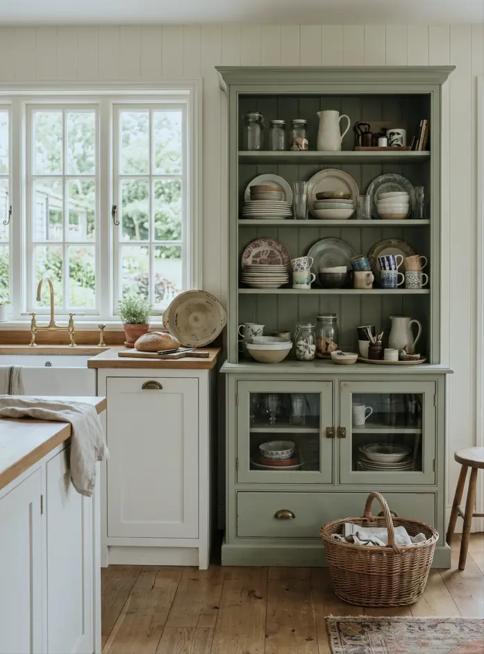 Farmhouse Kitchen Design Ideas: 36 Ways to Get the Look 21 Cottage farmhouse kitchen with a freestanding sage-green Welsh dresser displaying vintage crockery, cream cabinets, and an apron sink