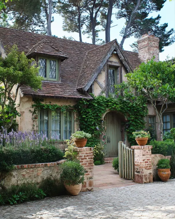 French Country House Style: An Architect's Guide to the Exterior Look 21 French Country House Style cottage with exposed timber framing, wood-shingle roof, and leaded windows