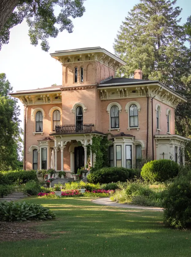 Italianate Style House: 33 Ideas and the Details That Give One Away 21 Salmon brick Italianate style house with a full-height square tower, corbelled cornices and angled bays