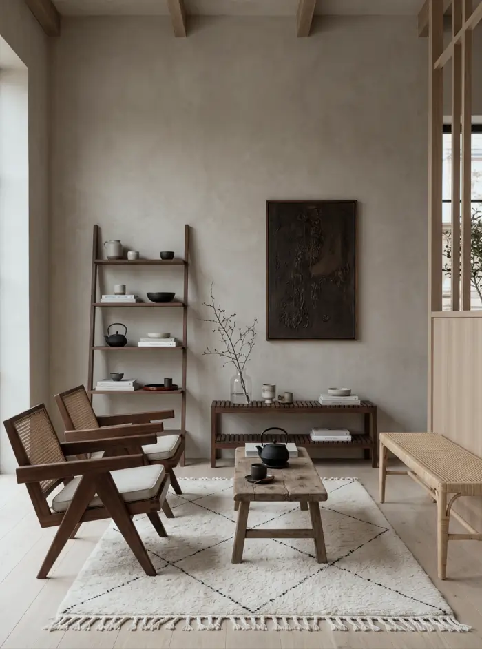 Japandi Style Living Room: Where Japanese Calm Meets Scandinavian Warmth 21 Minimalist Japandi living room with cane lounge chairs, a rustic wood bench, ladder shelf, and Berber rug