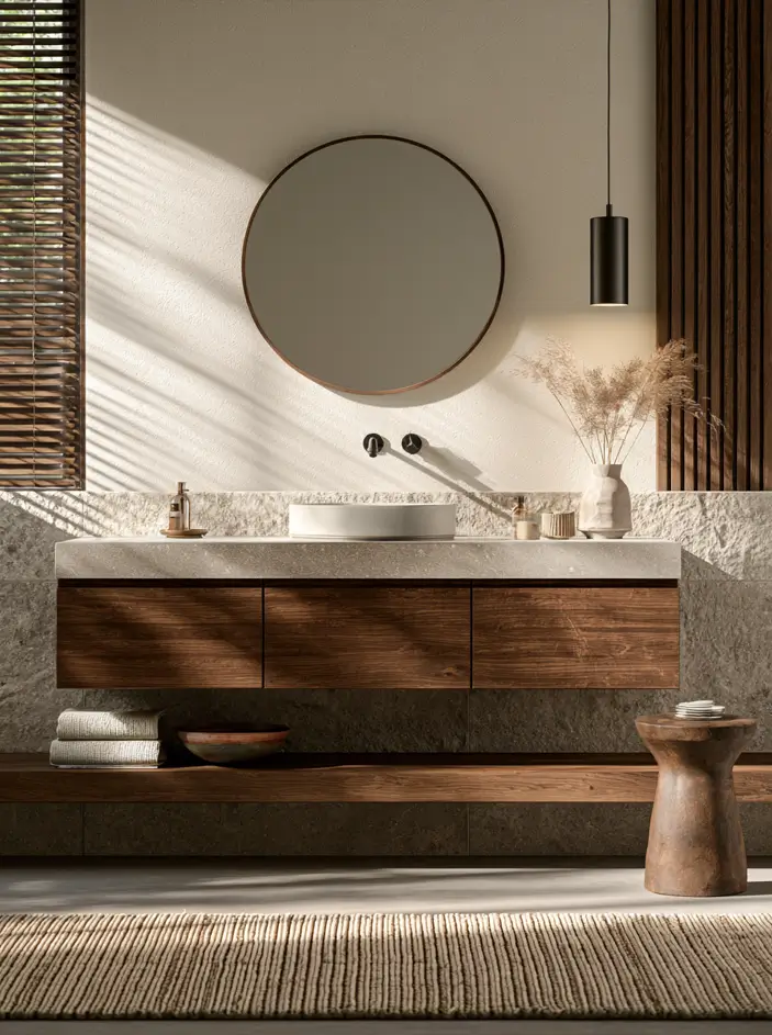 38 Japandi Style Bathroom Ideas for a Quietly Beautiful Space 21 Japandi style bathroom with a honed stone slab surround, walnut vanity, and a round mirror