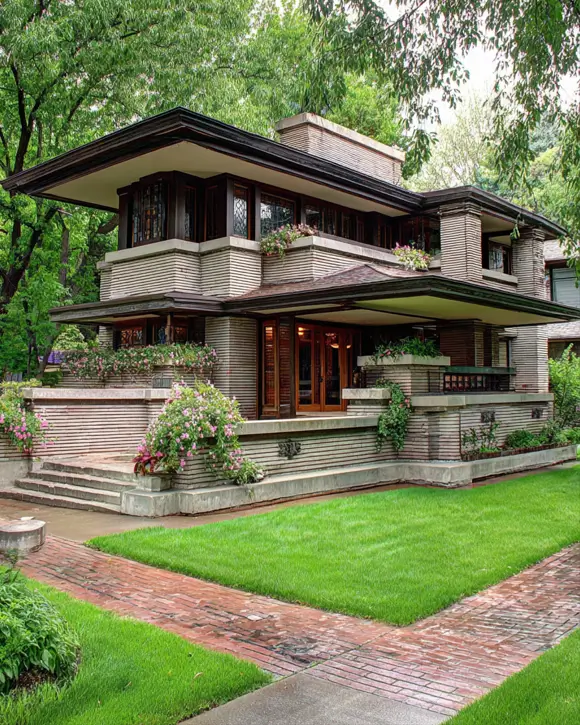 Prairie House Style: Key Features, History, and What Makes These Homes So Timeless 21 Prairie style house exterior with terraced planter walls, striped brick, and cantilevered flat roof