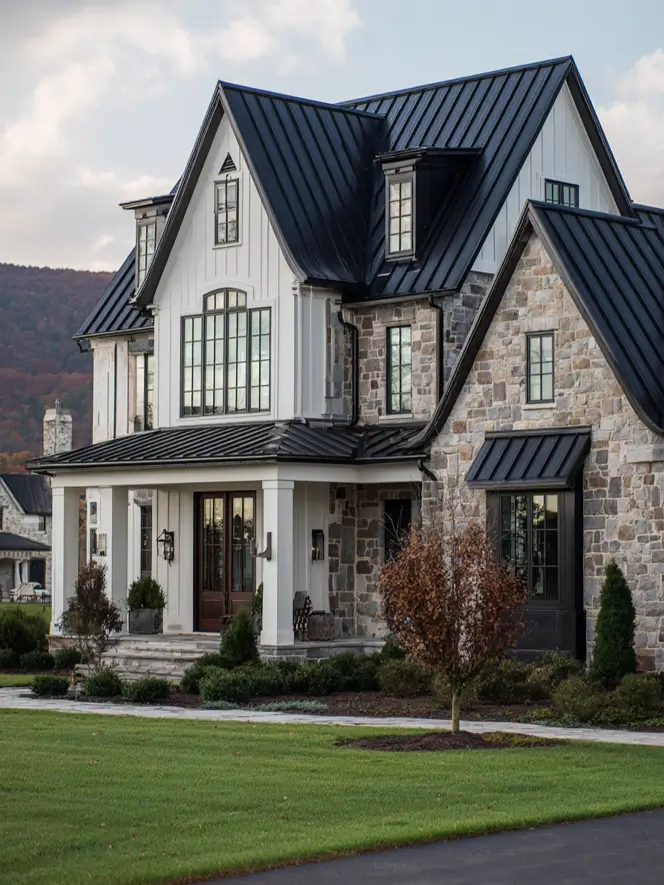 White Farmhouse with Stone Exterior: 29 Ideas That Feel Warm, Not Cold 21 White farmhouse with stone exterior full stone wing under dramatic black metal roofs
