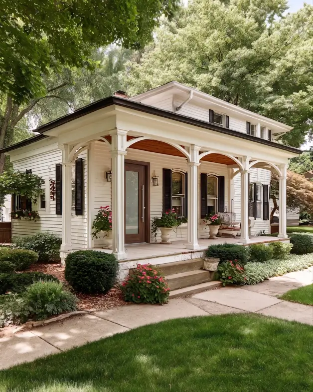 47 White Houses With Black Trim and Wood Accents We Love 21 Stained pine porch ceiling with white arched columns and black louvered shutters