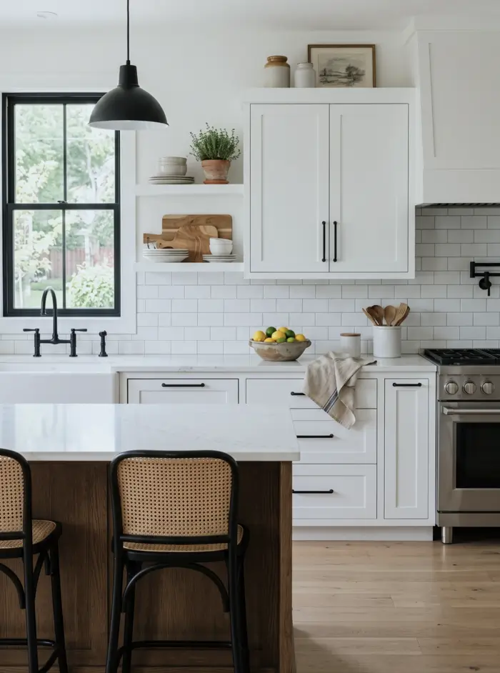 Farmhouse Kitchen Design Ideas: 36 Ways to Get the Look 4 Modern white farmhouse kitchen with black hardware, subway tile backsplash, apron sink, and a walnut island