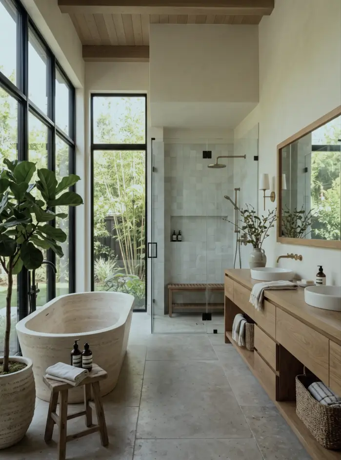 38 Japandi Style Bathroom Ideas for a Quietly Beautiful Space 4 Japandi style bathroom with a travertine soaking tub, oak double vanity, and timber ceiling