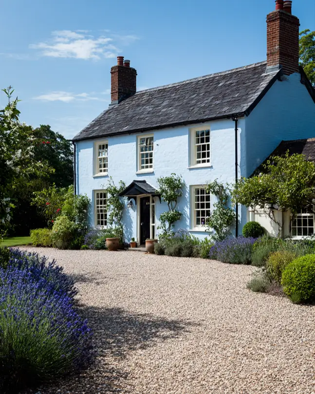 33 Blue and White Cottage Ideas That Always Feel Fresh 4 light blue and white cottage exterior with painted light-blue brick, white sash windows, slate roof, and lavender along a gravel drive