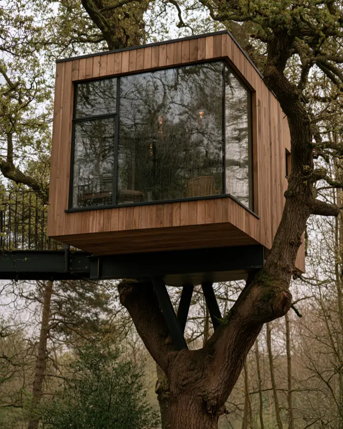 55 Treehouse Design Ideas, From Backyard Platforms to Canopy Cabins 4 Small treehouse ideas with a cedar-clad box on a black steel beam and angled struts fixed to an oak