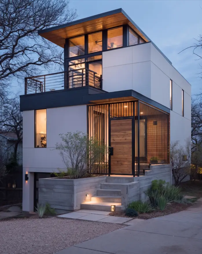 47 White Houses With Black Trim and Wood Accents We Love 4 Cedar plank front door behind a black steel slat screen on a modern white house