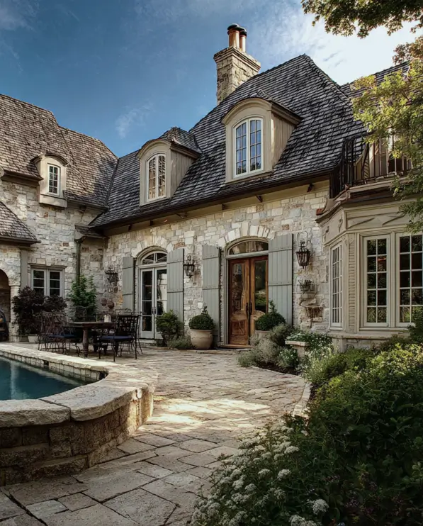 French Country House Style: An Architect's Guide to the Exterior Look 22 French Country House Design estate with a stone terrace pool, slate roof, and arched French doors
