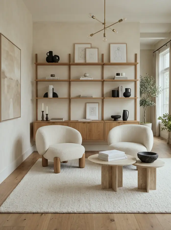 Japandi Style Living Room: Where Japanese Calm Meets Scandinavian Warmth 22 Japandi living room nook with two bouclé chairs, travertine nesting tables, oak shelving, and a wool rug