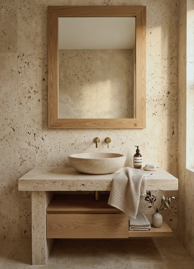 38 Japandi Style Bathroom Ideas for a Quietly Beautiful Space 22 Japandi style bathroom with a pitted travertine slab console, stone vessel basin, and brushed brass tapware