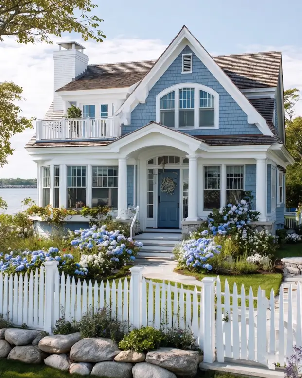 33 Blue and White Cottage Ideas That Always Feel Fresh 22 light blue and white coastal cottage exterior with blue shingle siding, white columns, blue front door, and blue-and-white hydrangeas