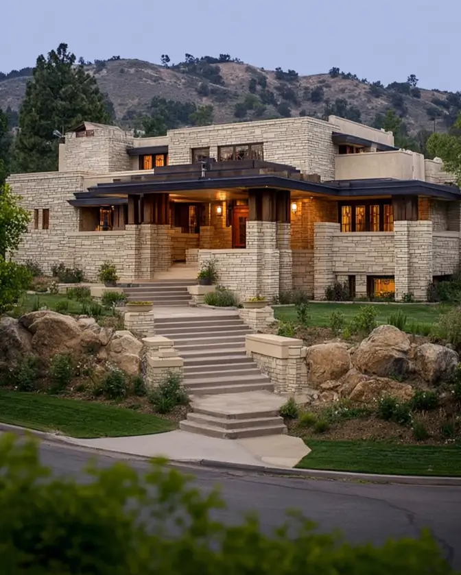 Prairie House Style: Key Features, History, and What Makes These Homes So Timeless 22 Terraced stairs and limestone walls climbing to a hillside Prairie style house at dusk