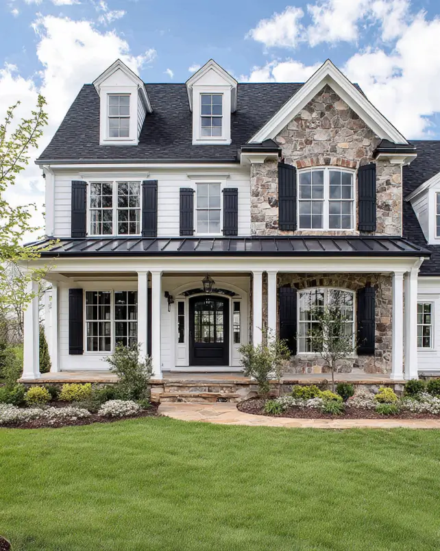 White Farmhouse with Stone Exterior: 29 Ideas That Feel Warm, Not Cold 22 Colonial farmhouse stone gable wing with black shutters mounted directly on the stone