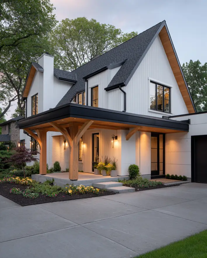47 White Houses With Black Trim and Wood Accents We Love 22 Branching cedar porch posts under a black-banded roof on a white house