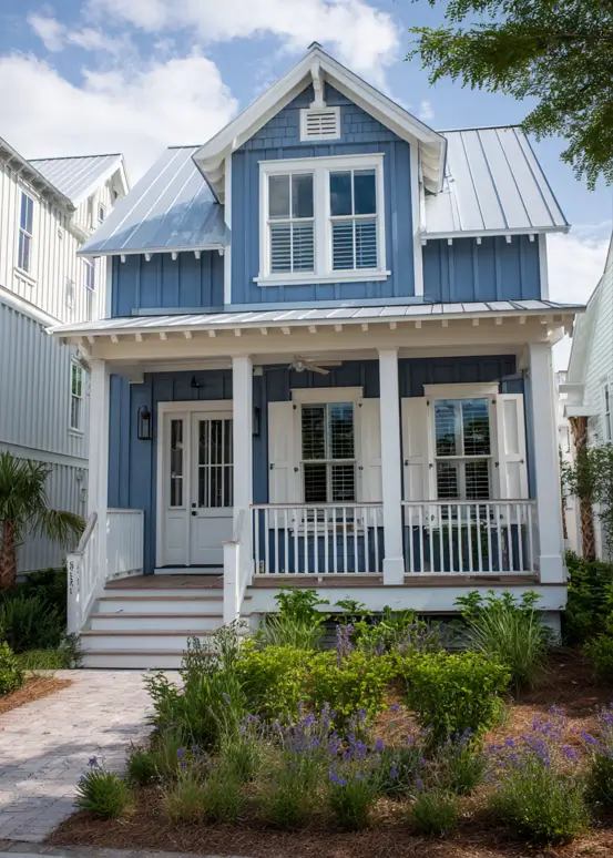 33 Blue and White Cottage Ideas That Always Feel Fresh 23 blue and white cottage exterior with mid-blue board-and-batten siding, silver metal roof, white porch, white shutters, and a lavender garden