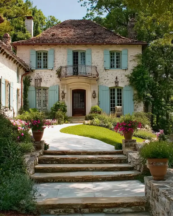 French Country House Style: An Architect's Guide to the Exterior Look 23 French Country House Style stone home with a curved iron balcony, aqua shutters, and arched entry