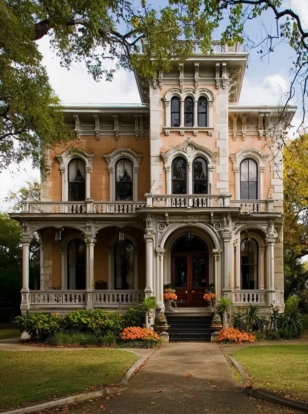 Italianate Style House: 33 Ideas and the Details That Give One Away 23 Two-story veranda on a brick Italianate style house with iron cresting and a central tower