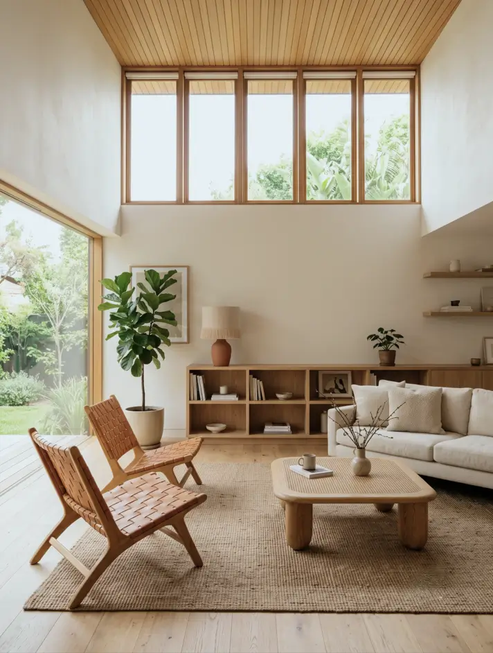 Japandi Style Living Room: Where Japanese Calm Meets Scandinavian Warmth 23 Airy Japandi living room with a vaulted wood ceiling, clerestory windows, woven leather chairs, and linen sofa