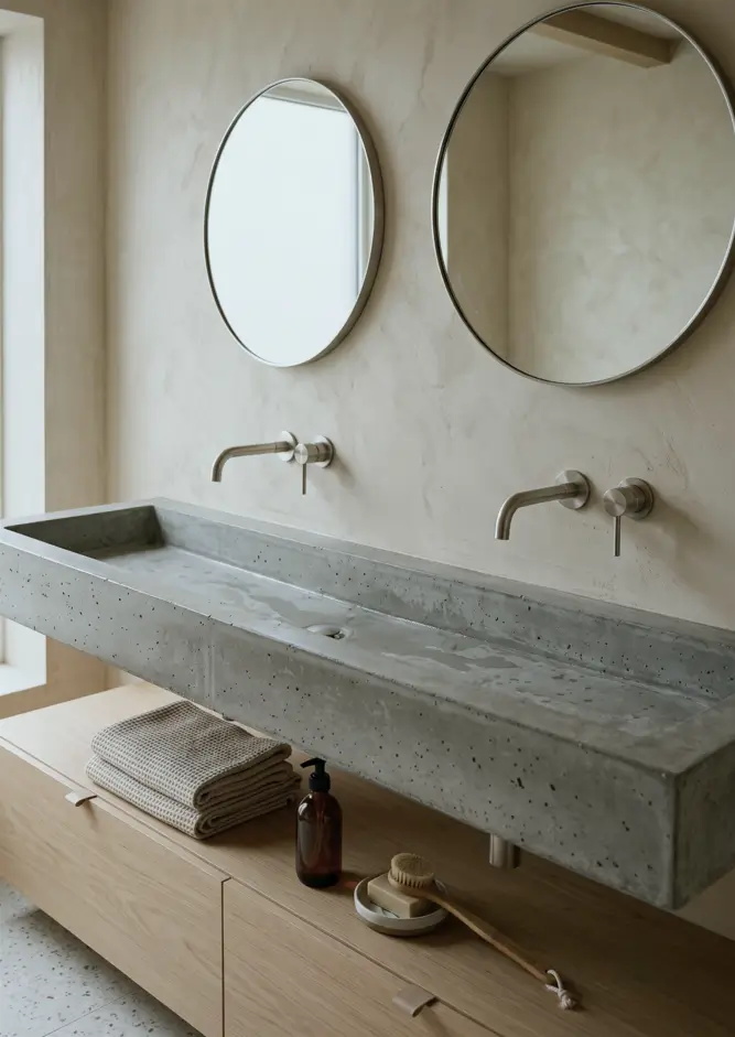 38 Japandi Style Bathroom Ideas for a Quietly Beautiful Space 23 Japandi style bathroom with a cast concrete trough basin, oak vanity, and twin brushed nickel taps