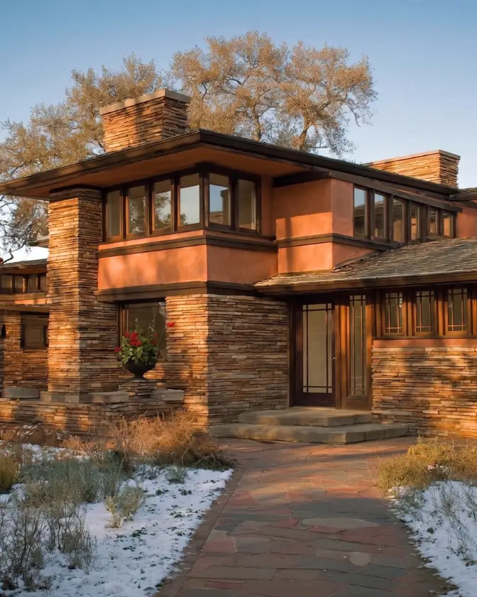 Prairie House Style: Key Features, History, and What Makes These Homes So Timeless 23 Prairie house style exterior in terracotta stucco and stacked stone with flat roofs in light snow