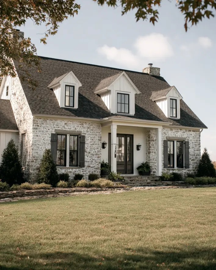 White Farmhouse with Stone Exterior: 29 Ideas That Feel Warm, Not Cold 23 White farmhouse with stone exterior full stone facade, three white dormers, and gray plank shutters