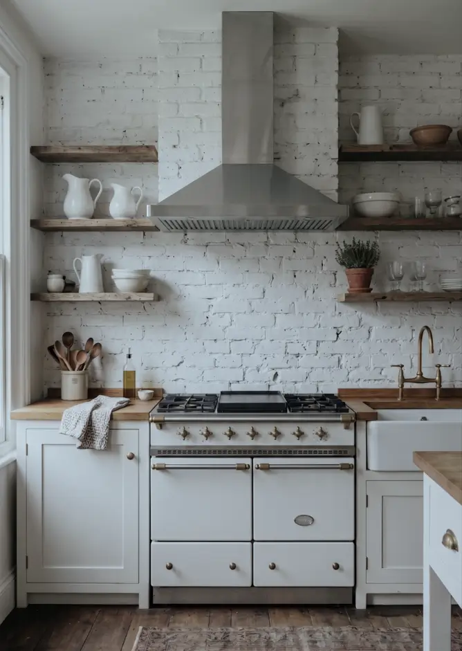 Farmhouse Kitchen Design Ideas: 36 Ways to Get the Look 23 Farmhouse kitchen with a whitewashed exposed brick wall, white cabinets, butcher block counters, a cream range, and brass tap