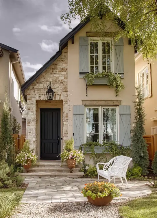 French Country House Style: An Architect's Guide to the Exterior Look 24 French Country House Style cottage with X-brace board shutters, window boxes, and a black plank door