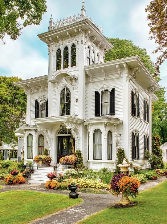 Italianate Style House: 33 Ideas and the Details That Give One Away 24 White clapboard Italianate style house with a square tower, ornamental roof cresting and deep paired brackets