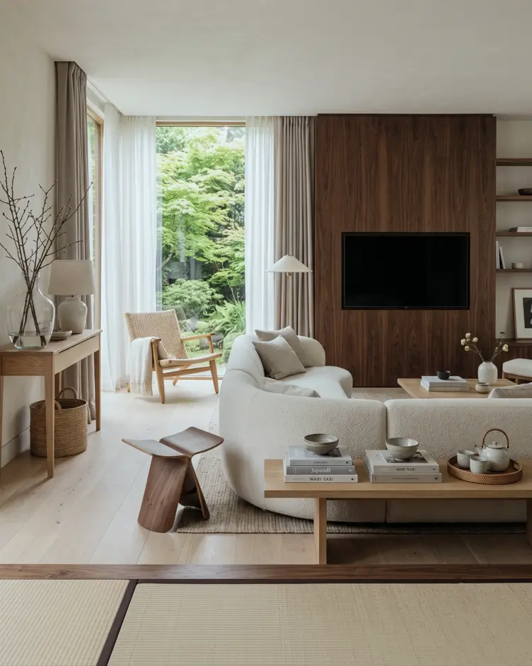 Japandi Style Living Room: Where Japanese Calm Meets Scandinavian Warmth 24 Serene Japandi living room with a curved bouclé sofa facing garden windows, walnut TV wall, and tatami edge