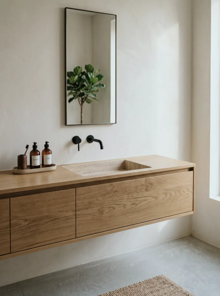 38 Japandi Style Bathroom Ideas for a Quietly Beautiful Space 24 Japandi style bathroom with a stone basin carved into an oak counter and matte black wall tapware