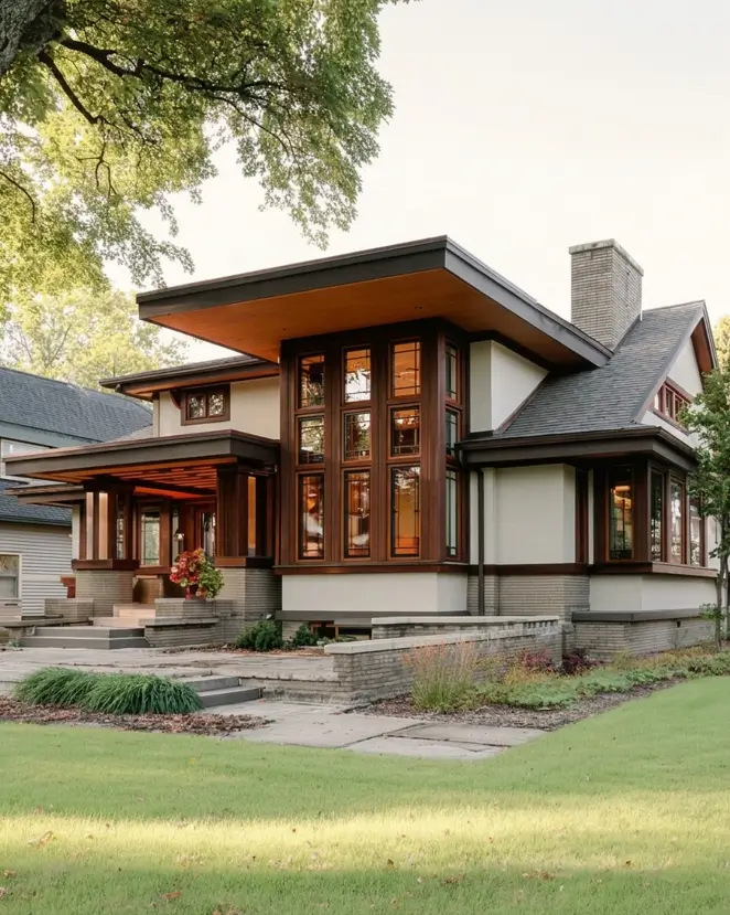 Prairie House Style: Key Features, History, and What Makes These Homes So Timeless 24 Two-story wood window tower and brick garden walls on a Prairie style home