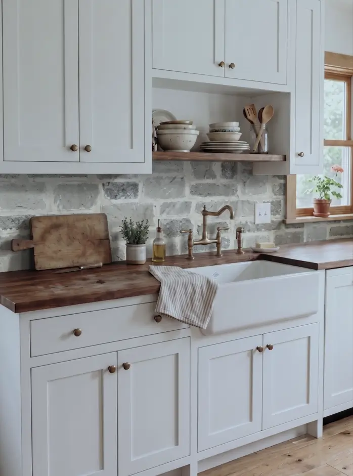 Farmhouse Kitchen Design Ideas: 36 Ways to Get the Look 24 Cottage farmhouse kitchen with a natural grey stone backsplash, white shaker cabinets, walnut butcher-block counters, and brass tap