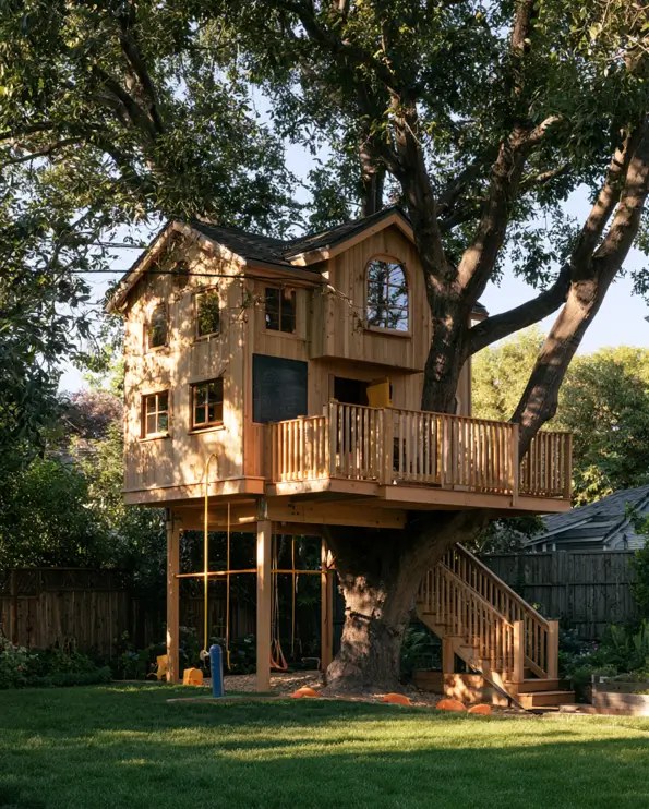 55 Treehouse Design Ideas, From Backyard Platforms to Canopy Cabins 25 Backyard treehouse design ideas for kids with a timber cabin above swings, a fire pole and a chalkboard wall