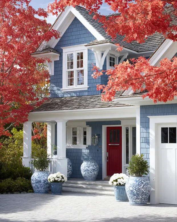 33 Blue and White Cottage Ideas That Always Feel Fresh 25 blue and white cottage exterior with denim-blue shingle siding, white trim, red front door, and blue-and-white porcelain planters